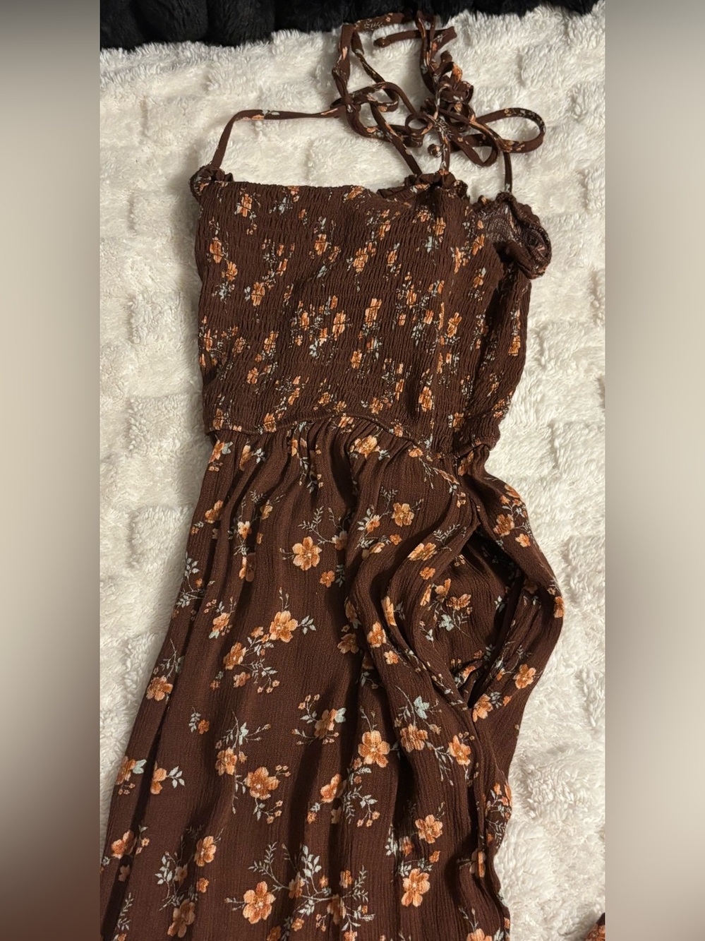 Brown Floral Smocked Wide-Leg Jumpsuit with Tie Straps - Picture 7 of 8